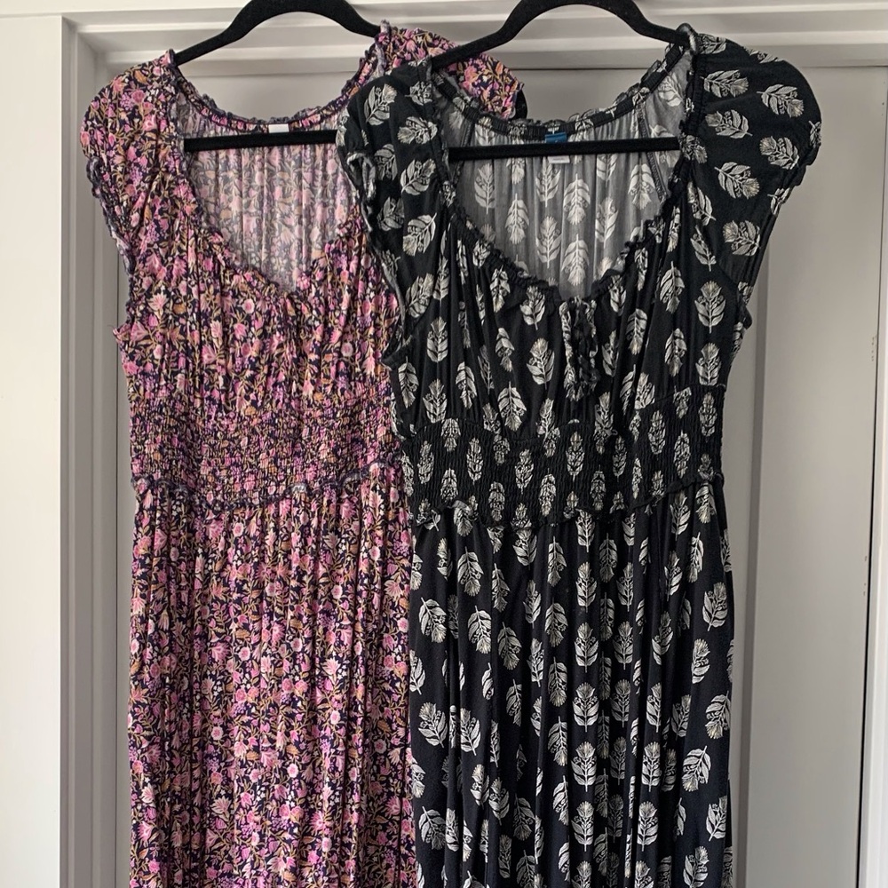 Old Navy Pair of Floral Maxi Dresses - Pink Floral & Black with White Leaf Print